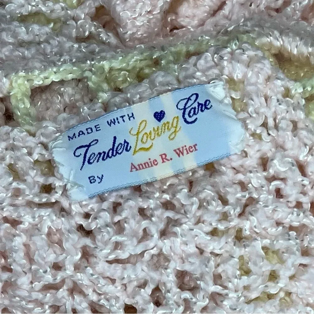 HANDMADE Baby Pink Blanket Yellow Trim Lacy Edge 46 x 54